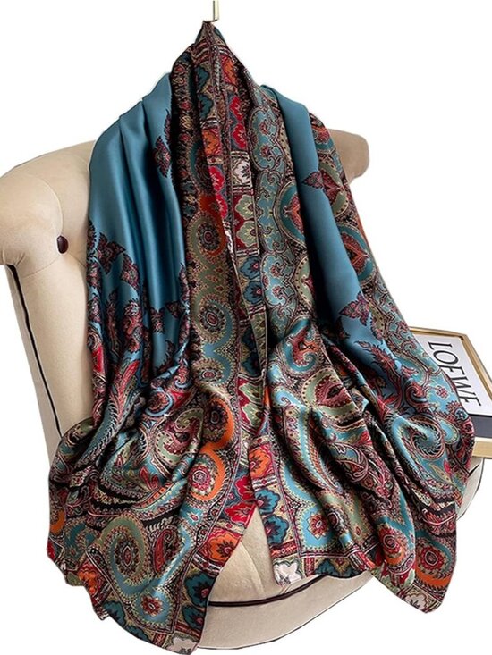Accessories - Women's Blue Lightweight Silk Like Scarves Flowers Print Head Cotton Wrap Scarf